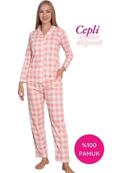 Kadın Ekose Desen Gömlek Yaka Önden Düğmeli %100 Pamuk Penye Mevsimlik Uzun Kol Cepli Pijama Takımı