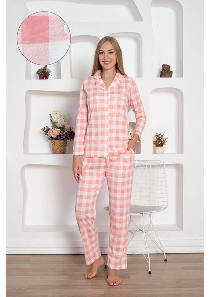 Kadın Ekose Desen Gömlek Yaka Önden Düğmeli %100 Pamuk Penye Mevsimlik Uzun Kol Cepli Pijama Takımı modelleri