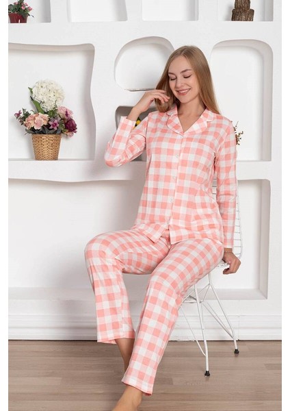 Kadın Ekose Desen Gömlek Yaka Önden Düğmeli %100 Pamuk Penye Mevsimlik Uzun Kol Cepli Pijama Takımı fırsatları