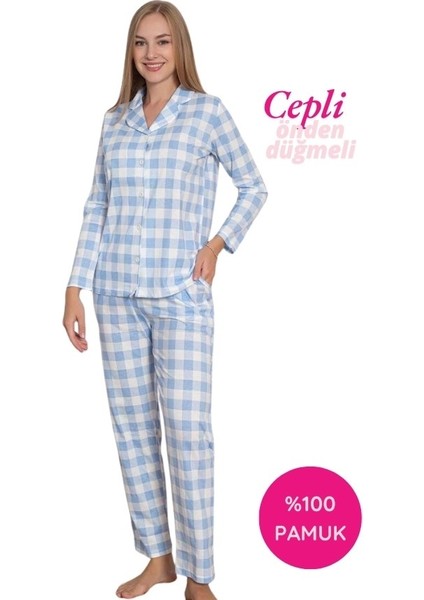 Kadın Ekose Desen Gömlek Yaka Önden Düğmeli %100 Pamuk Penye Mevsimlik Uzun Kol Cepli Pijama Takımı