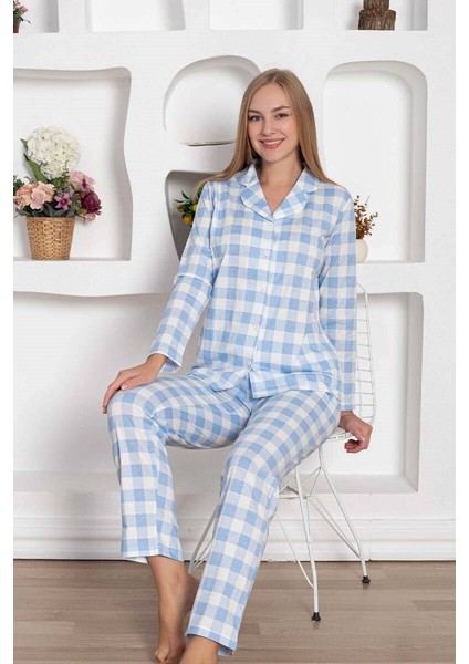 Kadın Ekose Desen Gömlek Yaka Önden Düğmeli %100 Pamuk Penye Mevsimlik Uzun Kol Cepli Pijama Takımı modelleri