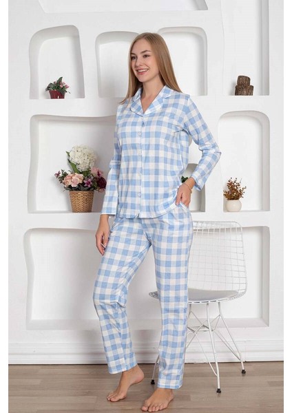 Kadın Ekose Desen Gömlek Yaka Önden Düğmeli %100 Pamuk Penye Mevsimlik Uzun Kol Cepli Pijama Takımı