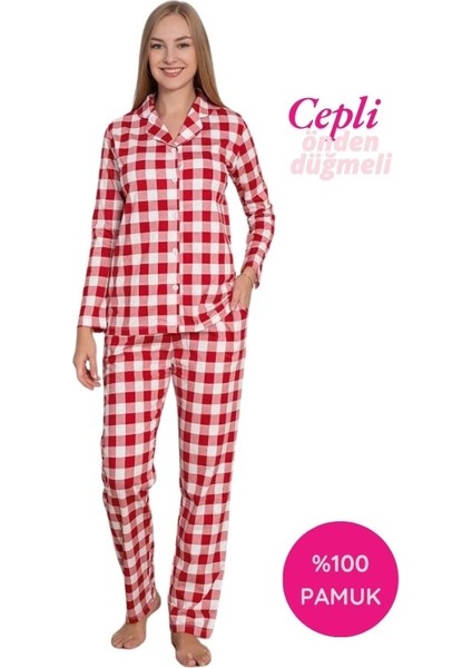 Kadın Ekose Desen Gömlek Yaka Önden Düğmeli %100 Pamuk Penye Mevsimlik Uzun Kol Cepli Pijama Takımı