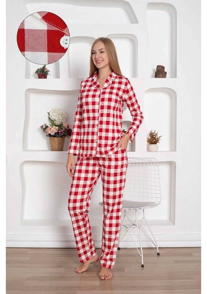 Kadın Ekose Desen Gömlek Yaka Önden Düğmeli %100 Pamuk Penye Mevsimlik Uzun Kol Cepli Pijama Takımı modelleri