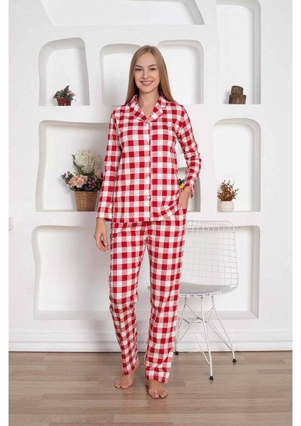 Kadın Ekose Desen Gömlek Yaka Önden Düğmeli %100 Pamuk Penye Mevsimlik Uzun Kol Cepli Pijama Takımı indirimleri