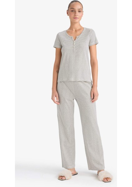 Regular Fit Çizgili Pointel Kumaş Kısa Kollu Üst Uzun Alt-Fall in Love F9838AX25AU