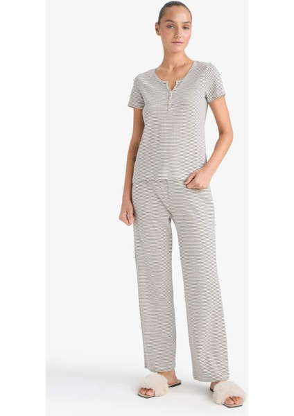 Regular Fit Çizgili Pointel Kumaş Kısa Kollu Üst Uzun Alt-Fall in Love F9838AX25AU fiyatları