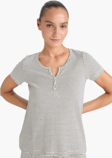 Regular Fit Çizgili Pointel Kumaş Kısa Kollu Üst Uzun Alt-Fall in Love F9838AX25AU fırsatları