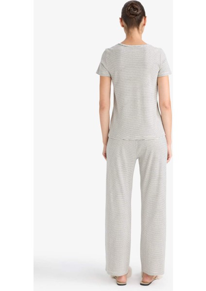 Regular Fit Çizgili Pointel Kumaş Kısa Kollu Üst Uzun Alt-Fall in Love F9838AX25AU