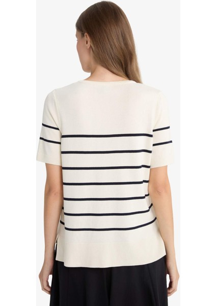 Regular Fit Bisiklet Yaka Çizgili Triko Kısa Kollu Kazak F8679AX25AU