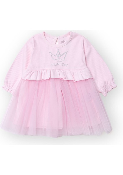 Kız Bebek Elbise Düğmeli Bisiklet Yaka Uzun Kol Reçme