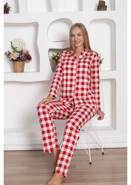 Kadın Ekose Desenli Gömlek Yaka Önden Düğmeli %100 Pamuk Penye Mevsimlik Uzun Kol Cepli Pijama Takımı fırsatları
