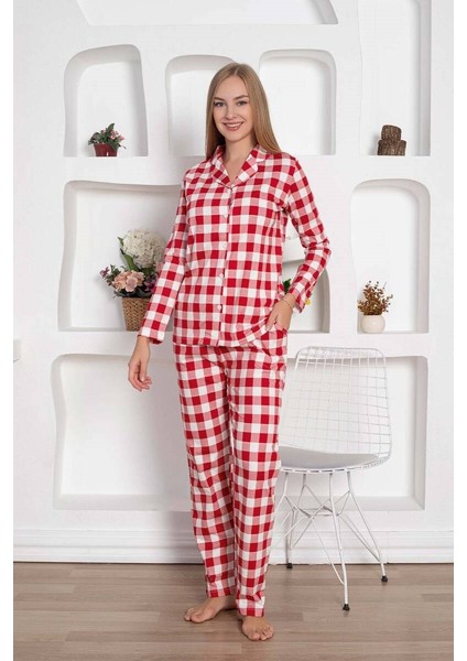 Kadın Ekose Desenli Gömlek Yaka Önden Düğmeli %100 Pamuk Penye Mevsimlik Uzun Kol Cepli Pijama Takımı