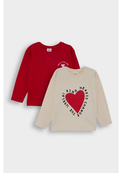 Kız Bebek Bisiklet Yaka Kalp Desenli 2'li Uzun Kollu Tişört F1416A525AU