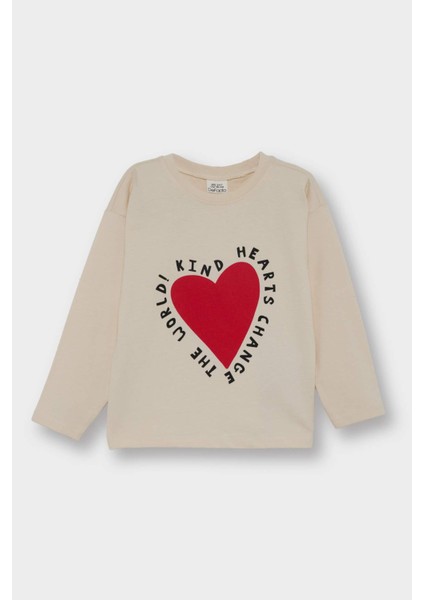 Kız Bebek Bisiklet Yaka Kalp Desenli 2'li Uzun Kollu Tişört F1416A525AU