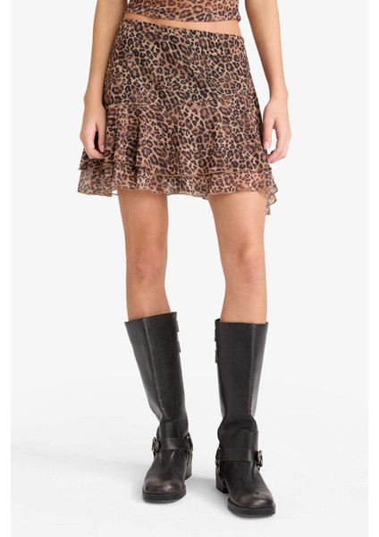 Coool Normal Bel Penye Astar Leopar Desenli Tül Mini Etek