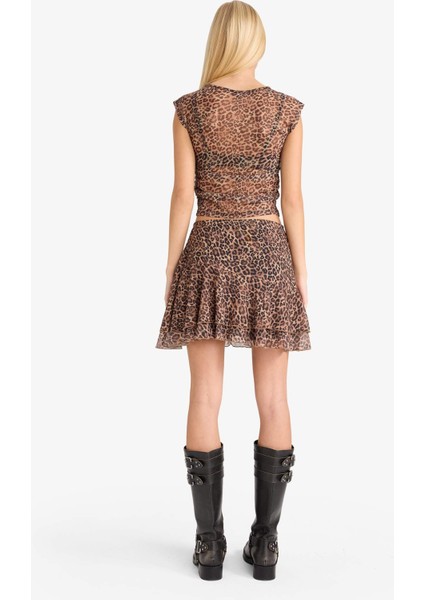 Coool Normal Bel Penye Astar Leopar Desenli Tül Mini Etek