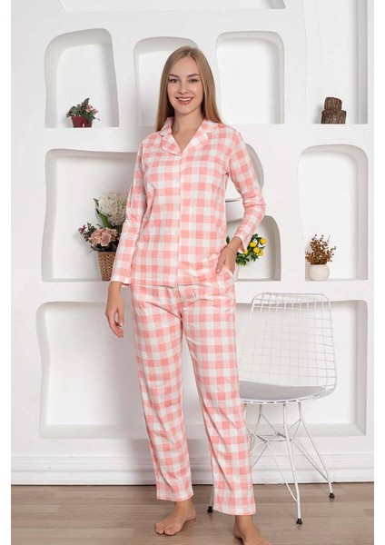 Kadın Ekose Desenli Gömlek Yaka Önden Düğmeli %100 Pamuk Penye Mevsimlik Uzun Kol Cepli Pijama Takımı indirimleri