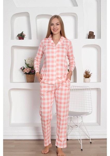 Kadın Ekose Desenli Gömlek Yaka Önden Düğmeli %100 Pamuk Penye Mevsimlik Uzun Kol Cepli Pijama Takımı