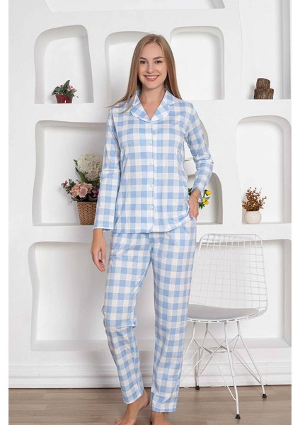 Kadın Ekose Desenli Gömlek Yaka Önden Düğmeli %100 Pamuk Penye Mevsimlik Uzun Kol Cepli Pijama Takımı fırsatları