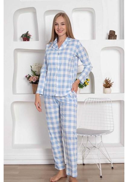 Kadın Ekose Desenli Gömlek Yaka Önden Düğmeli %100 Pamuk Penye Mevsimlik Uzun Kol Cepli Pijama Takımı indirimleri