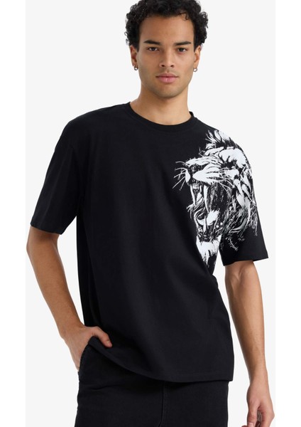 Boxy Fit Bisiklet Yaka Baskılı Kısa Kollu Tişört F8648AX25AU