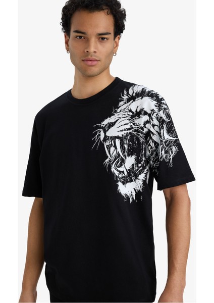 Boxy Fit Bisiklet Yaka Baskılı Kısa Kollu Tişört F8648AX25AU fırsatları