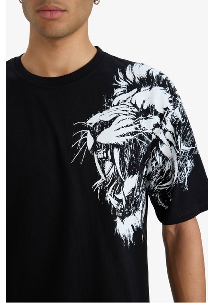 Boxy Fit Bisiklet Yaka Baskılı Kısa Kollu Tişört F8648AX25AU indirimleri