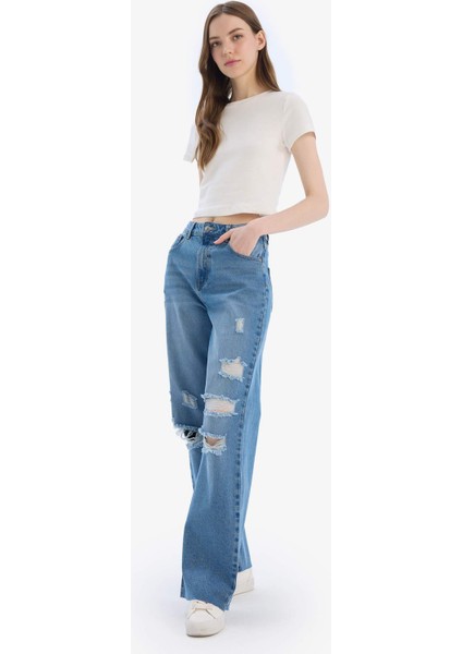 90's Wide Leg Yırtık Detaylı Yüksek Bel Geniş Paça Uzun Jean Yıkamalı Pantolon D9394AX25SM modelleri