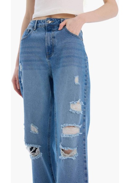90's Wide Leg Yırtık Detaylı Yüksek Bel Geniş Paça Uzun Jean Yıkamalı Pantolon D9394AX25SM