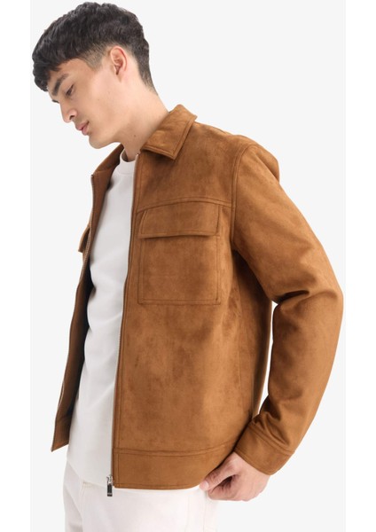 Slim Fit Dar Kesim Polo Yaka Astarlı Fermuarlı Cepli Mevsimlik Baharlık Süet Mont modelleri