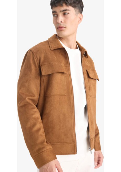 Slim Fit Dar Kesim Polo Yaka Astarlı Fermuarlı Cepli Mevsimlik Baharlık Süet Mont Y5362AZ25AU