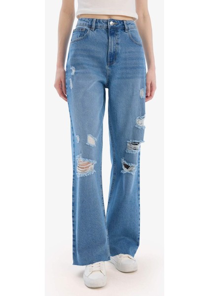90's Wide Leg Yırtık Detaylı Yüksek Bel Geniş Paça Uzun Jean Yıkamalı Pantolon D9394AX25SM