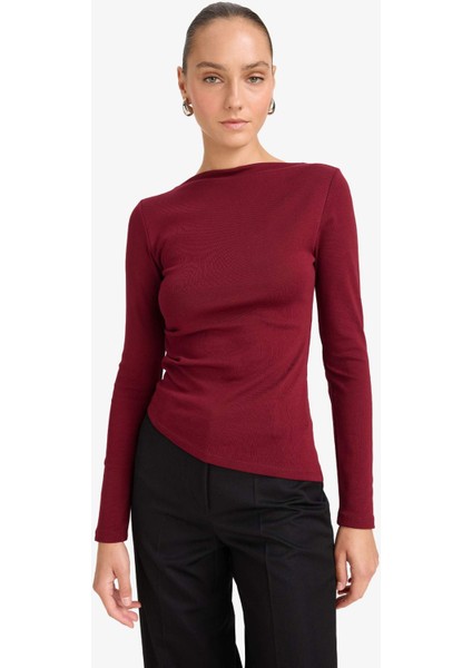 Slim Fit Dar Kesim Kayık Yaka Ribana Uzun Kollu Tişört modelleri