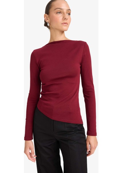 Slim Fit Dar Kesim Kayık Yaka Ribana Uzun Kollu Tişört fırsatları