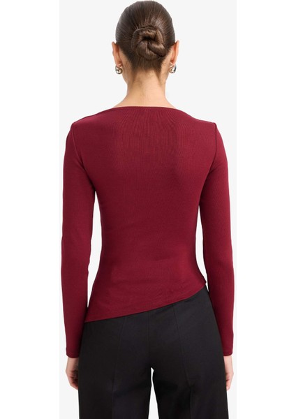 Slim Fit Dar Kesim Kayık Yaka Ribana Uzun Kollu Tişört