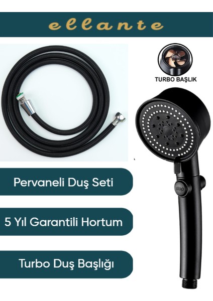 5 Fonksiyonlu Turbo Fanlı Pervaneli Lüks Siyah Duş Başlığı Seti