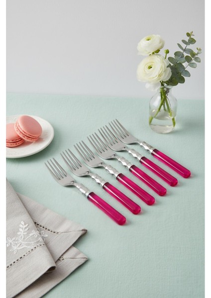 6’lı Paslanmaz Çelik Pembe Tatlı Çatalı Seti