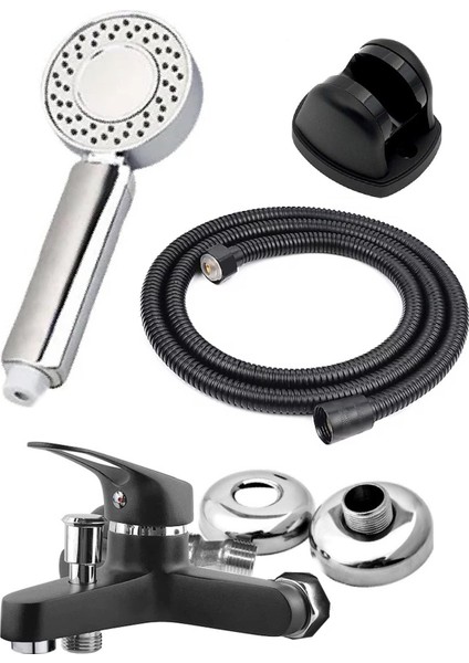 Şık Siyah Krom Pirinç Banyo Seti, Duş Başlığı ve Hortumlu Tasarım