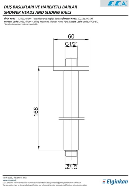 Tavandan 168 mm Kare Duş Başlığı Borusu, Şık ve Dayanıklı Tasarım fiyatları