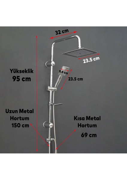 Krom Dikdörtgen Tepe Duş Seti, Dayanıklı ve Şık Banyo Yağmurlama Başlığı