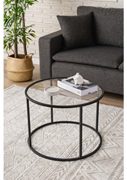 Berlin Orta Sehpa 60 cm Siyah Metal Ayaklı Cam Üst Yüzey Modern Tasarım