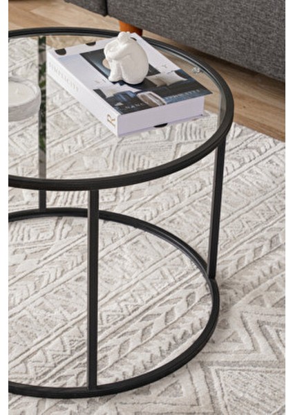 Berlin Orta Sehpa 60 cm Siyah Metal Ayaklı Cam Üst Yüzey Modern Tasarım