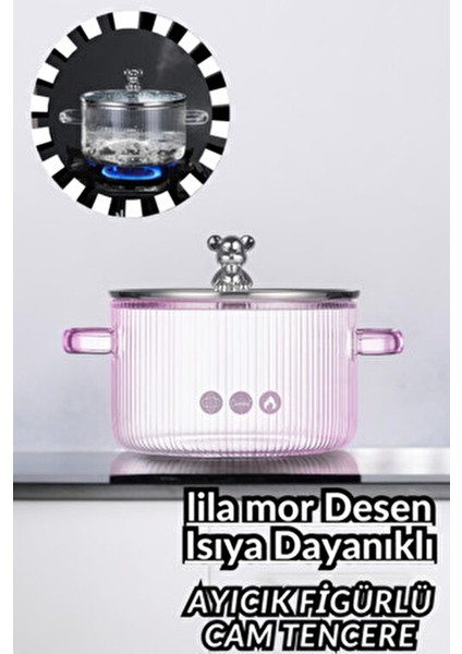 1700CC Lilamor Ayıcık Figürlü Tencere Isıya Dayanıklı|borosilikat | Termisil Ocak Üstü Cam Tencere