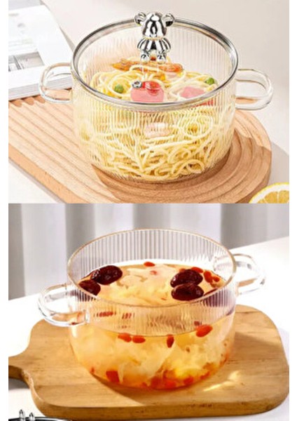 1700CC Lilamor Ayıcık Figürlü Tencere Isıya Dayanıklı|borosilikat | Termisil Ocak Üstü Cam Tencere