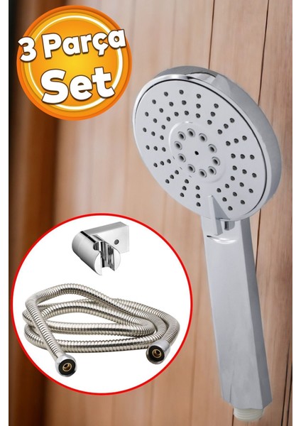 3'lü Şık Banyo Duş Başlığı Seti Metal Hortumlu Yuvarlak Tasarım