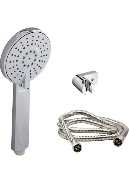 3'lü Şık Banyo Duş Başlığı Seti Metal Hortumlu Yuvarlak Tasarım
