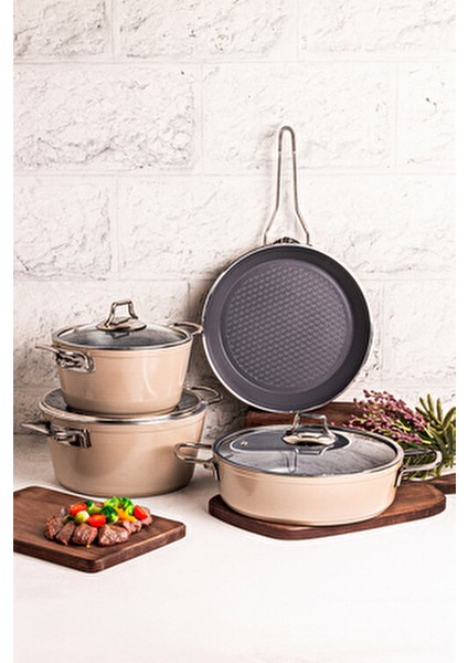 Mango Kitchen Majestic Crystal 7 Parça Granit Tencere Seti Bej Mastercook Yapışmaz Tencere Tava Seti