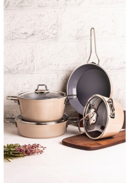 Mango Kitchen Majestic Crystal 7 Parça Granit Tencere Seti Bej Mastercook Yapışmaz Tencere Tava Seti fiyatları