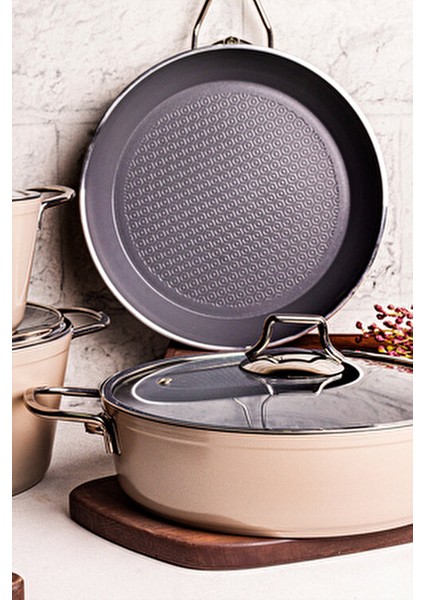 Mango Kitchen Majestic Crystal 7 Parça Granit Tencere Seti Bej Mastercook Yapışmaz Tencere Tava Seti fırsatları